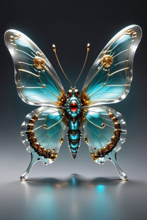 Transparent cyborg grayish turquoise, glass mechanical cute butterfly about 7 inches long crouched on a table, (bright plumage), wings have a reddish golden hue, the area between the wings is bordo colored, black hairs on the legs, oke,,, Sorayama style, transparent glass skin