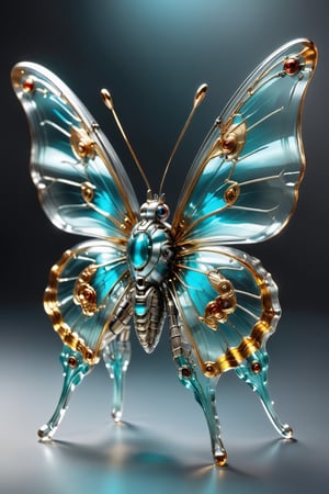 Transparent cyborg grayish turquoise, glass mechanical cute butterfly about 7 inches long crouched on a table, (bright plumage), wings have a reddish golden hue, the area between the wings is bordo colored, black hairs on the legs, oke,,, Sorayama style, transparent glass skin
