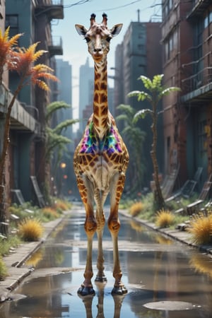 A beautiful Giraffe in a dystopian post-apocalyptic colorful city overgrown with vegetation, reflective puddle, bright sunny day, realistic, highly detailed, 8k, cinematic lighting, octane render
