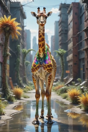 A beautiful Giraffe in a dystopian post-apocalyptic colorful city overgrown with vegetation, reflective puddle, bright sunny day, realistic, highly detailed, 8k, cinematic lighting, octane render
