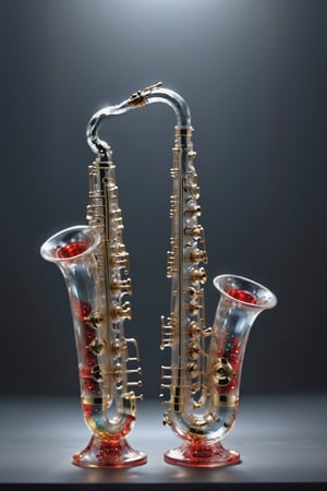 Glass Elements ultra detailed translucent Trumpet and Saxophone surrounded by musical notes, super crisp, Hyper_real, diamante dots glow very strongly from inside on gray background, gradient, ultra detailed, black background, crystal, red, still life, reflective puddle, bright sunny day, realistic, highly detailed, cinematic lighting, octane rendering,Improved all,Glass Elements