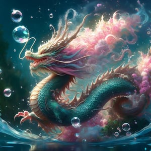 ("cute adorable water-dragon dissolving into water and bubbles ::  in a magical pond, water dripping"), lotus flowers pond, impossible bubbles, water particles, cute style, surreal fairytale concept art, by loish van baarle, cyril rolando, ross tran, Alberto Seveso, Dan Mumford, Carne Griffiths, chris rallis and magali villeneuve, cute creature by mark ryden and bobby chiu, Meaningful Visual Art, Detailed Strange Painting, Digital Illustration, Unreal Engine 5, 32k maximalist, hyperdetailed fantasy art, 3d digital art, sharp focus, masterpiece, fine artm DragonConfetti2024_XL,ice and water,art_booster,real_booster,niji style