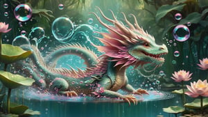 ("cute adorable water-dragon dissolving into water and bubbles ::  in a magical pond, water dripping"), lotus flowers pond, impossible bubbles, water particles, cute style, surreal fairytale concept art, by loish van baarle, cyril rolando, ross tran, Alberto Seveso, Dan Mumford, Carne Griffiths, chris rallis and magali villeneuve, cute creature by mark ryden and bobby chiu, Meaningful Visual Art, Detailed Strange Painting, Digital Illustration, Unreal Engine 5, 32k maximalist, hyperdetailed fantasy art, 3d digital art, sharp focus, masterpiece, fine artm DragonConfetti2024_XL,ice and water,art_booster,real_booster