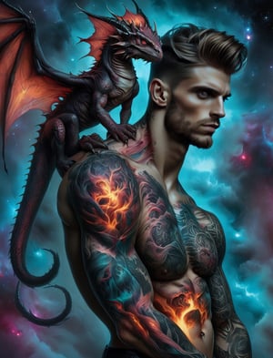 {{best quality}}, {{masterpiece}}, {{ultra-detailed}}, {illustration}, 1man, anatomical tattoo, shirtless male, realistic tiny dragon, full body dragon, perched, mtg art style, painterly, PetDragon2024xl