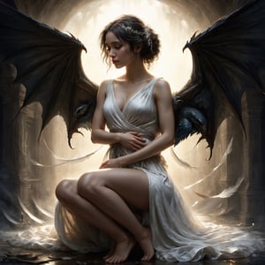 ""Dark romance fantasy, a draconic woman wearing a white loose dress is curled up in a ball hugging her own knees, elegant, her own wings are wrapping around her", Masterpiece, Intricate, Insanely Detailed, Art by todd lockwood, chris rallis, anna dittmann, Kim Jung Gi, Gregory Crewdson, Yoji Shinkawa, Guy Denning, Textured!!!!, Chiaroscuro!!, actionpainting", best quality, masterpiece,PetDragon2024xl