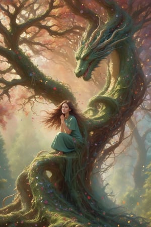 (masterpiece, top quality, best quality, official art, beautiful and aesthetic:1.2), (1girl), "a girl with long wavy hair watching a dragon untangling from a tree", 1dragon wrapped and twisted into a tree, emerging from tree bark,  moss dragon dissolving into particles, forest, moss, petalstorm, extreme detailed,(fractal art:1.3), the girl has an expression of delight and wonder, highest detailed,DragonConfetti2024_XL