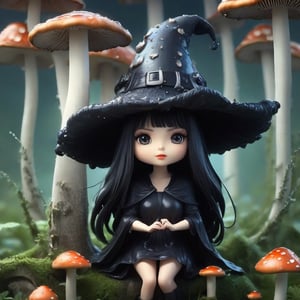 (((The chibi witch in a mushroom maze)), long hair,illuminated cute style storybook character concept art, magical, surreal, whimsical breathtaking hauntingly beautiful,coprinus_comatus shiny-black-gills and drips