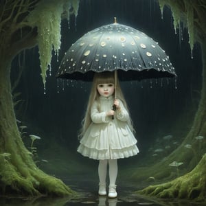 (((a little ghost girl holding a mushroom umbrella!)), long hair flowing in the wind, rain moss world, illuminated cute style, storybook character concept art, soft, magical, surreal, whimsical, breathtaking, hauntingly beautiful illustration, 2d, "coprinus_comatus umbrella with shiny-black-gills and drips", chris riddell and mark ryden, gustave dore, edmund dulac,renny the insta girl,coprinus_comatus