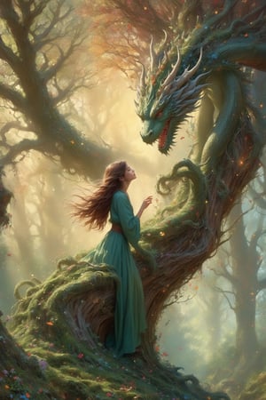 (masterpiece, top quality, best quality, official art, beautiful and aesthetic:1.2), (1girl), "a girl with long wavy hair watching a dragon untangling from a tree", 1dragon, emerging from tree bark,  moss dragon dissolving into particles, forest, moss, petalstorm, extreme detailed,(fractal art:1.3), the girl has an expression of delight and wonder, highest detailed,DragonConfetti2024_XL