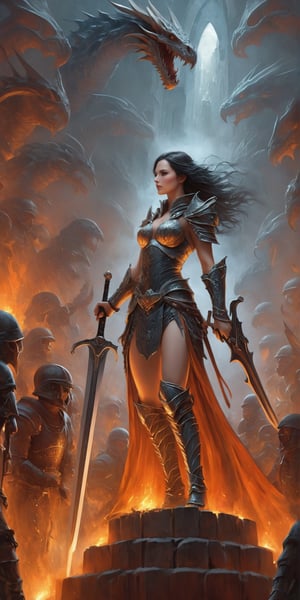 "Dark romance fantasy, a woman warrior with a sword wearing dragon bone armor and standing on a ledge above a cit with  an army of warriors looking up at her for orders, embers", bones, ribcage style armor, eldritch, dracolich-like armor, Masterpiece, Intricate, Insanely Detailed, Art by lois van baarle, todd lockwood, chris rallis, anna dittmann, Kim Jung Gi, Gregory Crewdson, Yoji Shinkawa, Guy Denning, smooth but Textured!, Chiaroscuro!, actionpainting, best quality, masterpiece,DracolichXL24,art_booster,LegendDarkFantasy,ellafreya,renny the insta girl,real_booster,oil paint 