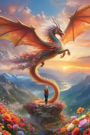 create a artistic artwork portraying of a beautiful woman on a dragon, she has flowy orange-fading-into-white hair with colorful flowers cascading out of it, colorful rendition, ultradetailed face, 8k UHD, professional results ,arcane,ColorART, sharp focus on face, wide-angle sky view with wispy clouds ,EpicSky, golden hour, close-up, mountain views,DragonConfetti2024_XL
