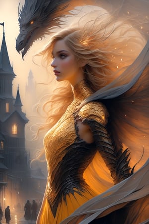 "Dark romance fantasy, close up of a woman with sword wearing dragon bone armor standing above a city, an army looking up at her, embers", bones, ribcage style armor, eldritch, dracolich-like armor, wavy golden dark blonde hair, Masterpiece, Intricate, Insanely Detailed, Art by lois van baarle, todd lockwood, chris rallis, anna dittmann, Kim Jung Gi, Gregory Crewdson, Yoji Shinkawa, Guy Denning, smooth, natural Chiaroscuro, subsurface scattering vfx, actionpainting, best quality, smooth finish, masterpiece,DracolichXL24,art_booster,LegendDarkFantasy,ellafreya,renny the insta girl,real_booster,oil paint ,Decora_SWstyle,photo_b00ster
