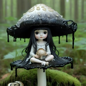 (((a little fairy ghostgirl sitting on top of a shaggy-ink-cap mushroom)), long hair flowing in the wind, fairycore rain moss world, enchanted forest, illuminated cute style, storybook character concept art, soft, magical, surreal, whimsical, breathtaking, beautiful illustration, 2d, "coprinus_comatus with shiny-black-gills and drips", chris riddell, mark ryden, gustave dore, edmund dulac, coprinus_comatus shaggy-ink-cap mushroom