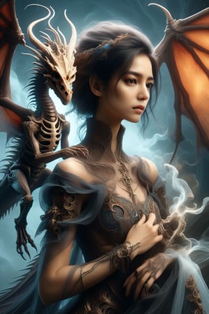 dark fantasy woman and a small skeleton dragon, digital illustration, UHD, a complex and intricate masterpiece clean and sharp,PetDragon2024xl,DracolichXL24