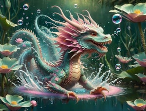 ("cute adorable water-dragon dissolving into water and bubbles ::  in a magical pond, water dripping"), lotus flowers pond, impossible bubbles, water particles, cute style, surreal fairytale concept art, by loish van baarle, cyril rolando, ross tran, Alberto Seveso, Dan Mumford, Carne Griffiths, chris rallis and magali villeneuve, cute creature by mark ryden and bobby chiu, Meaningful Visual Art, Detailed Strange Painting, Digital Illustration, Unreal Engine 5, 32k maximalist, hyperdetailed fantasy art, 3d digital art, sharp focus, masterpiece, fine artm DragonConfetti2024_XL,ice and water,art_booster,real_booster