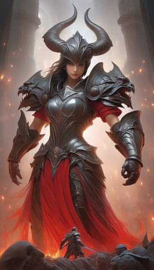 "Dark romance fantasy, a woman wearing ornate armor standing with a seord in both hands pointed at the ground, horned helm, an army looking up at her, a gigantic dracolich is poised behind her, ready to fight on her behalf, fiery embers rise", Masterpiece, Intricate, Insanely Detailed, Art by lois van baarle, todd lockwood, chris rallis, anna dittmann, Kim Jung Gi, Gregory Crewdson, Yoji Shinkawa, Guy Denning, Textured!!!!, Chiaroscuro!!, actionpainting, best quality, masterpiece,DracolichXL24,art_booster,ellafreya,renny the insta girl,real_booster