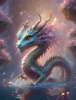("cute adorable water-dragon dissolving into water droplets and glitter ::  in a magical pond, water dripping"), lotus flowers pond, light particles, cute style, surreal fairytale concept art, by loish van baarle, cyril rolando, ross tran, Alberto Seveso, Dan Mumford, Carne Griffiths, chris rallis and magali villeneuve, cute creature by mark ryden and bobby chiu, Meaningful Visual Art, Detailed Strange Painting, Digital Illustration, Unreal Engine 5, 32k maximalist, hyperdetailed fantasy art, 3d digital art, sharp focus, masterpiece, fine artm DragonConfetti2024_XL,ice and water,art_booster,real_booster