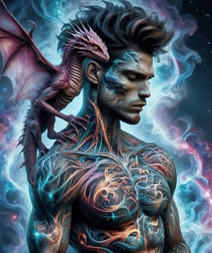 {{best quality}}, {{masterpiece}}, {{ultra-detailed}}, {illustration}, 1man, anatomical tattoo, shirtless male, realistic tiny dragon, full body dragon, perched, mtg art style, painterly, 3d line art, abstract decorative lines and movement, PetDragon2024xl