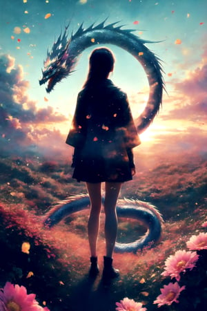 Spiraling Double exposure, girl standing in front of a circling pose dragon, Digital watercolor Illustration of a summerscape sunset, by Waterhouse, Carne Griffiths, Minjae Lee, Ana Paula Hoppe, Stylized watercolor art, Intricate, Complex contrast, HDR, Sharp, soft Cinematic Volumetric lighting, flowery pastel colours, wide long shot, perfect masterpiece,DragonConfetti2024