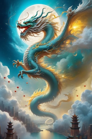 A beautiful Chinese dragon rising into the celestial sky,  stars above with clouds below,  Clint Cearley,  Daarken,  Jeremy Mann,  hyper-detailed,  hyperrealistic,  digital art,  detailed background,  epic,  cinematic,  vibrant saturated colours,  divine light,  cyan,  white,  yellow,  fantastical,  dreamy,  ethereal,DragonConfetti2024_XL