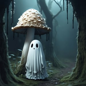 (((The little ghost girl in a mushroom maze)), long hair,illuminated cute style storybook character concept art, magical, surreal, whimsical breathtaking hauntingly beautiful,coprinus_comatus shiny-black-gills and drips