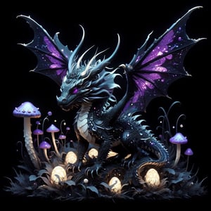 A black-light art style full body portrait of a bioluminescent black chibi baby dragon with two wings out and purple black-lit stripes sitting on a shaggy-ink-cap mushroom surrounded by bioluminescent mushrooms glowing in ultraviolet light!!” extreme detail : intricate motifs : ultraviolet light : black light art : black light : by Bastien Lecouffe Deharme : jeremy mann : andree wallin : deep depth of field : bright dramatic lighting : craig mullins : radial : maximalist : deviantart : Ray Tracing : Yoshikata Amano; Edwin Landseer; Ismail Inceoglu; Russ Mills: Victo Ngai; Bella Kotak; 3d; intricate filigree : perfect composition, (coprinus_comatus shaggy-ink-camp mushrooms), ,DragonConfetti2024_XL