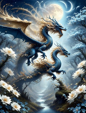 Detailed illustration of a regal blue gold spiritdragon laying on a branch, flower dragon dissolving into petals, supernatural forest night, bioluminescent white blooming moonflowers, wind, petalstorm, very highly detailed, intricate, magnificent, fantasy art by Android Jones, Gil Elvgren, Carne Griffiths, Victo Ngai, Amanda Clark; Silver moonscape, fantasy concept art, 8k resolution, hyperdetailed matte painting, , DragonConfetti2024_XL