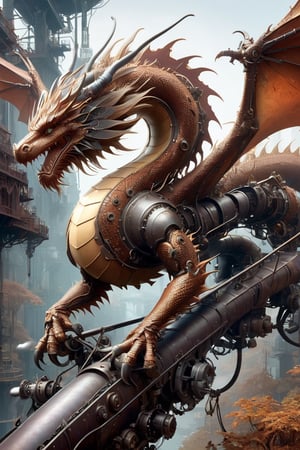 ("A mechanical dragon with unraveling metal parts"! Rust dissolving off of it), straight tail, particles, rust, old dented metal that still has some shine under the rust, a Magicpunk paradise world by greg tocchini and slawomir maniak, agostino arrivabene, Hajime Sorayama, nekroxiii, pop surrealism, low brow art, crisp, gorgeous linework, clean and sharp, beautiful flowing lines, adventure and wonder,DragonConfetti2024_XL