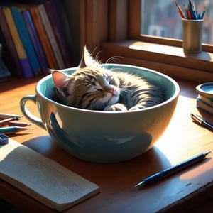Masterpiece, cute style, kitten curled up sleeping inside a cup, high angle  seen from above, cozy, real sleeping fluffy kitten in a emptycup on desk with art supplies, sleepy eyes, illumination background, reflections, sparkling, Dutch angle shot, todd lockwood, joel rea and mark ryden, slawomir maniak and greg tocchini, concept art, rockwell and lou xaz, heartwarming, cozy atmosphere, by chris riddell, Android Jones, Jean Baptiste monge, Alberto Seveso, Erin Hanson, Jeremy Mann. maximalist highly detailed and intricate professional_photography, a masterpiece, 8k resolution concept art, Artstation, triadic colors, Unreal Engine 5, cgsociety,niji style,ghibli style