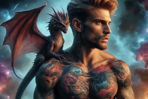 {{best quality}}, {{masterpiece}}, {{ultra-detailed}}, {illustration}, 1man, anatomical tattoo, shirtless male, realistic tiny dragon, full body dragon, perched, mtg art style, painterly, PetDragon2024xl,niji style