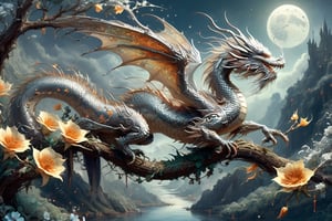Detailed illustration of a regal dragon laying on a branch, moonflowers, petalstorm, very highly detailed, intricate, magnificent, fantasy art by Android Jones, Gil Elvgren, Carne Griffiths, Victo Ngai, Amanda Clark; Silver moonscape, fantasy concept art, 8k resolution, hyperdetailed matte painting,ink ,DragonConfetti2024_XL