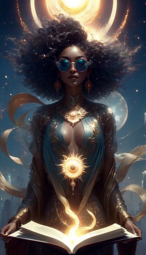 by Sabbas Apterus And Yoshitaka Amano, aetherpunk Funky Sun and Fire Stylized Eyewear, fancy, priestess of sun, ("transforming into glitter"), ultra hd digital art, particles, blink and you miss it details , bathed in sunlight, full body view, holding a book that radiates with light, magical realism, awe, afrofuturism,cinematic moviemaker style,Movie Still,DragonConfetti2024_XL,Decora_SWstyle