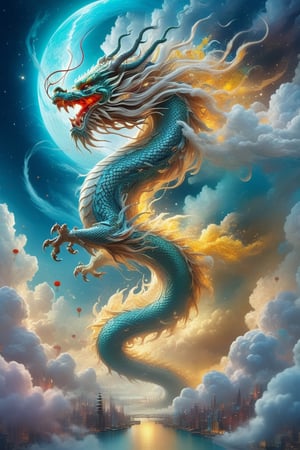 A beautiful Chinese dragon rising into the celestial sky,  stars above with clouds below,  Clint Cearley,  Daarken,  Jeremy Mann,  hyper-detailed,  hyperrealistic,  digital art,  detailed background,  epic,  cinematic,  vibrant saturated colours,  divine light,  cyan,  white,  yellow,  fantastical,  dreamy,  ethereal,DragonConfetti2024_XL,DissolveSdxl0