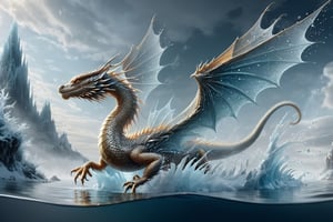 1dragon, Detailed illustration of a "swimming elegant waterdragon dissolving into water drops  made of clear water and ice", transluscent wings and fins, suspended particles, mist; Silver moonscape, ocean seascape, fantasy concept art, 8k resolution, hyperdetailed matte painting, todd lockwood, Alberto Seveso, Cyril Rolando, Dan Mumford, dali, chris rallis,  digital fantasy surrealism, compkex volumetric lighting, subsurface scattering, stunning, brilliant,ice and water,aiSW—DragonParticles2024xl, dissolvedragon