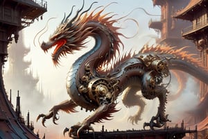 ("A mechanical dragon with unraveling metal parts"! Rust dissolving off of it), straight tail, particles, rust, old dented metal that still has some shine under the rust, a Magicpunk paradise world by greg tocchini and slawomir maniak, agostino arrivabene, Hajime Sorayama, nekroxiii, pop surrealism, low brow art, crisp, gorgeous linework, clean and sharp, beautiful flowing lines, adventure and wonder,DragonConfetti2024_XL