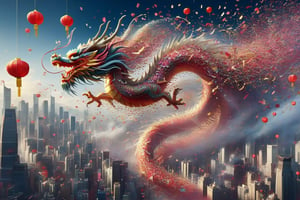 A chinese new year dragon dissolving into confetti as it flies over a city, confetti, dramatic, dynamic, beautiful, enchanting, digital illustration style, movement,DragonConfetti2024_XL