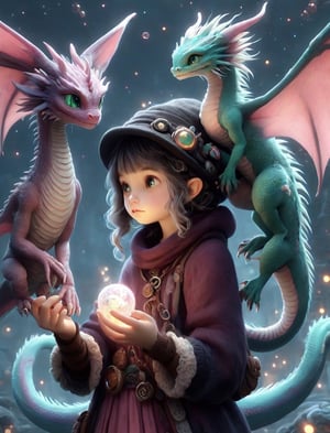 A girl with a dragoncat hybrid tiny dragon familiar, inkycapwitchyhat,PetDragon2024xl