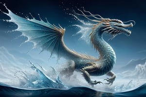 1dragon, Detailed illustration of a "swimming elegant waterdragon transforming into a creature made of clear water and ice", transluscent wings and fins, ((metamorphosis)), tiny water drops, suspended particles, mist; Silver moonscape, ocean seascape, fantasy concept art, 8k resolution, hyperdetailed matte painting, todd lockwood, Alberto Seveso, Cyril Rolando, Dan Mumford, dali, chris rallis,  digital fantasy surrealism, compkex volumetric lighting, subsurface scattering, stunning, brilliant,ice and water,aiSW—DragonParticles2024xl, dissolvedragon