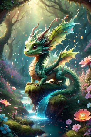 ("Kawaii chibi moss-dragon in an enchanted forest, dissolving into glitter and clover flowers ::  water dripping"), adorable baby dragon, cute style, surreal fairytale concept art, by amy sol, mark ryden, Alberto Seveso, Cyril Rolando, Dan Mumford, Carne Griffiths, chris rallis and magali villeneuve, Meaningful Visual Art, Detailed Strange Painting, Digital Illustration, Unreal Engine 5, 32k maximalist, hyperdetailed fantasy art, 3d digital art, sharp focus, masterpiece, fine artm DragonConfetti2024_XL,disney pixar style