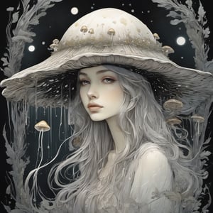 The little mushroom ghost witch, cute face, magical, surreal, whimsical breathtaking hauntingly beautiful,coprinus_comatus hat with shiny black deliquescence drips on the brim, storybook illustration, masterpiece, by rebecca guay and carne griffiths and charlie bowater, chris riddell