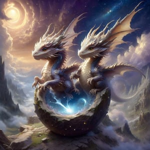 Cute just hatched baby dragon twins made of stardust, still sitting in half an eggshell in a dragon nest, young dragons made of dissolving stardust, starry dragons, cracked dragon egg shell, epic sky, stars, high abive the clouds, mountains, reflective eyes, night, reflective, gorgeous eyes, hyper detailed eyes, 3d, deviantart, a masterpiece, deep depth of field, Craig Mullins, perfect composition, intricate motifs, Edwin Landseer, mark ryden, ross tran, DragonConfetti2024_XL,real_booster,art_booster