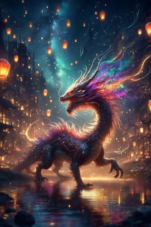 Bold graphic illustration, awesome epic animal, dark lights, nightmare, starry night, splash arts, bokeh, photo, 8k, shot on camera Canon 1DX, 50 mm f/2.8 lens, raw, wlop, greg rutowski, ross tran, detailed matte painting, deep color, fantastical, intricate detail, splash screen, complementary colors, fantasy concept art, 8k resolution trending on Artstation Unreal Engine 5, cgsociety,DragonConfetti2024_XL
