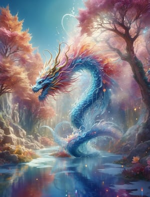 Fairytale illustration studiophoto of fully transparent crystal clear ethereal, ominous radioluminescent lace water ice ghost of a dragon dissolving into shimmering scattered dust, coloful iridescent digital hologram creature made of clear water and glowing ice and ice fractals, wisps, an enchanted forest river lily pond oasis, 8k resolution, behance, Artstation, photorealistic anime visual, alberto seveso, jordan grimmer, cool detailed background, deep rich color, global illumination, subsurface scattering, reflective catchlights, high quality vfx, hyperrealistic raytracing,DragonConfetti2024_XL