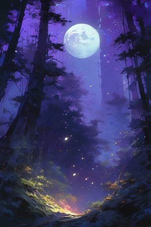 On a full moon night in a supernatural forest, Metallic_Vexing_Violet_color, magic, soft lighting, sharp focus, by Marc Simonetti & yoji shinkawa & wlop & james jean, paint drops, rough edges, trending on artstation, studio photo, intricate details, highly detailed, moonrays, detailed brushwork, illustration, epic perfect composition, energetic, dan mumford and anna dittmann
