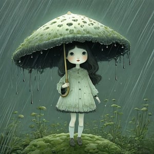 (((a little ghost girl holding a shaggy-ink-cap mushroom like an umbrella!)), long hair flowing in the wind, rain moss world, illuminated cute style, storybook character concept art, soft, magical, surreal, whimsical, breathtaking, hauntingly beautiful illustration, 2d, "coprinus_comatus umbrella with shiny-black-gills and drips", chris riddell and mark ryden, gustave dore, edmund dulac,renny the insta girl,coprinus_comatus