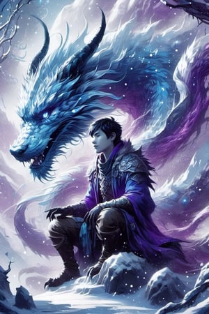 "a person sitting in front of a white chinese dragon, friendly companions", advanced digital game coverart, wolf-like furred dragon, snow and ice, fractal art, snow particles glitterstorm, by Winona Nelson, todd lockwood, concept art of single boy, talking creatures, the artist has used bright, breathtaking render || perfect composition, 2colorpop vexing_metallic_blue vexing_metallic_purple, white paint dots, dynamic composition with upward movement, epic SelectiveColorStyle,DragonConfetti2024_XL