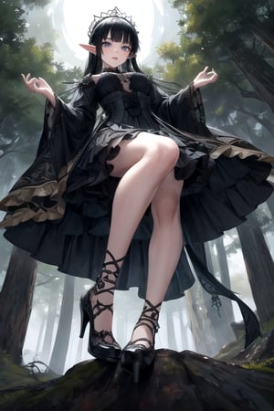 High heels. Detailed and intricate. Elf. black hair. Gothic black dress. forest. POV from below view. porcelain skin,DonMF41ryW1ng5