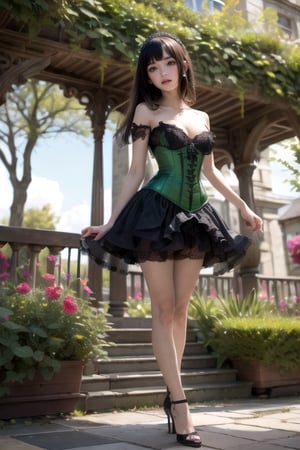 High heels. Detailed and intricate. Straight hair with bangs. Gothic mini dress with green corset. Garden. POV from below view. porcelain skin,DonMBl00mingF41ryXL 