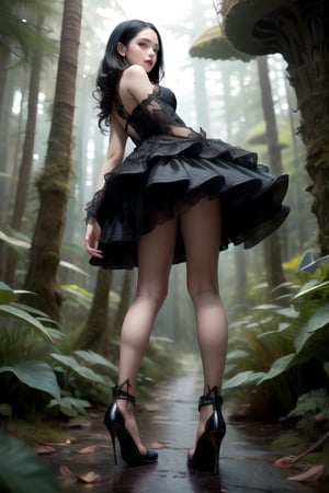 High heels. Detailed and intricate. black hair. Gothic mini dress. forest. POV from below view. porcelain skin,DonMBl00mingF41ryXL 