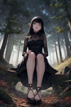 High heels. Detailed and intricate. Wood Elf. black hair. Goodish black dress. forest. POV from below view. porcelain skin,DonMF41ryW1ng5
